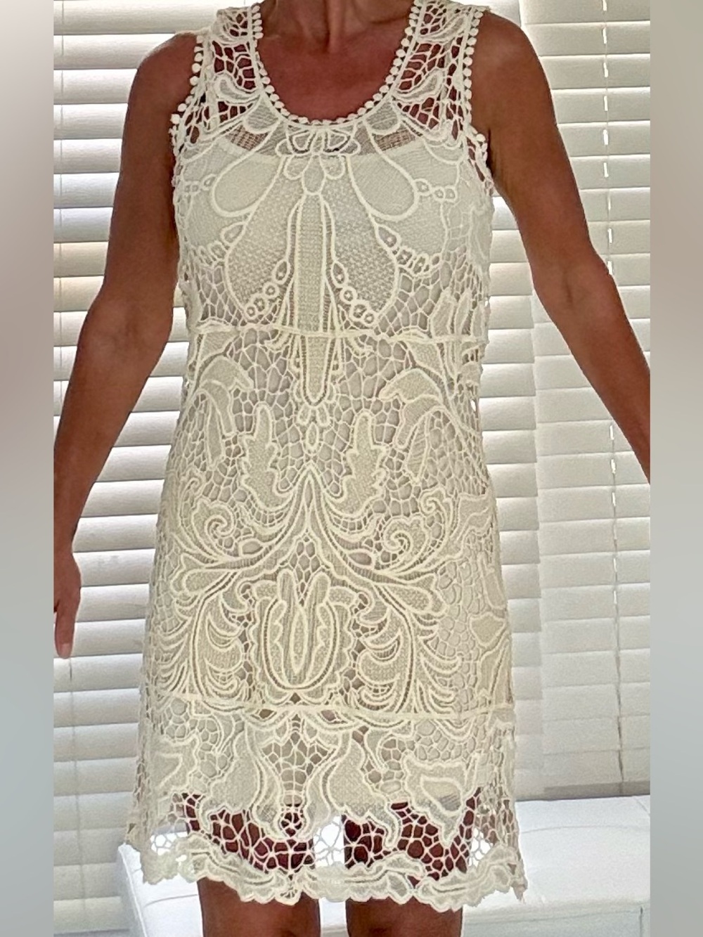 Solitaire Cream Lace Mini Dress with Scalloped Hem *opaque sheath dress not inc.